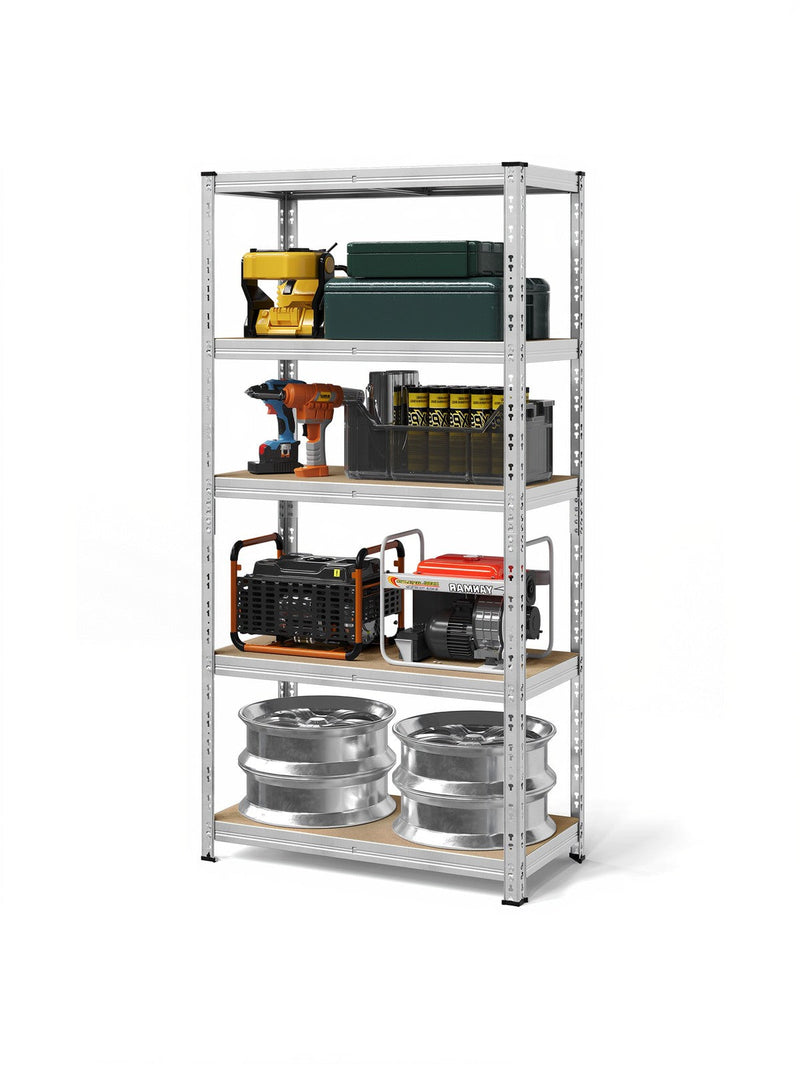 Shelving unit holding toolboxes, a drill, a generator and two car wheels