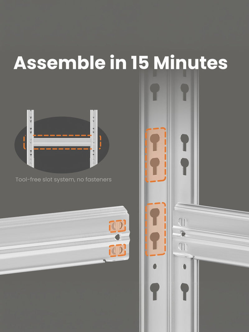 Close-up of the tool-free slot system used to build the unit in 15 minutes