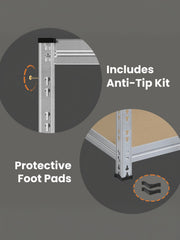 Close-ups of the included anti-tip wall fixing and the protective foot pads