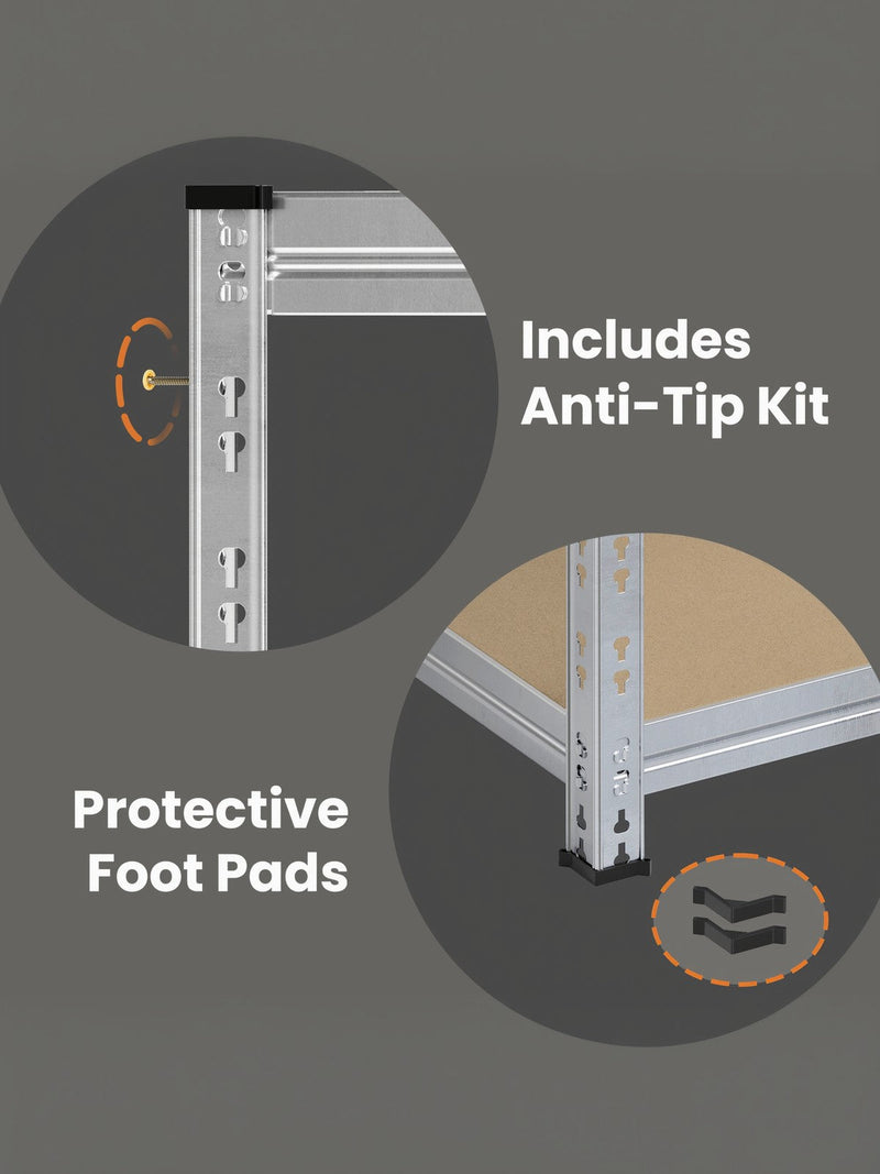 Close-ups of the included anti-tip wall fixing and the protective foot pads