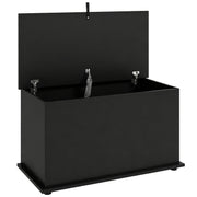 Black storage bench against a plain background with the lid held open by its support hinge