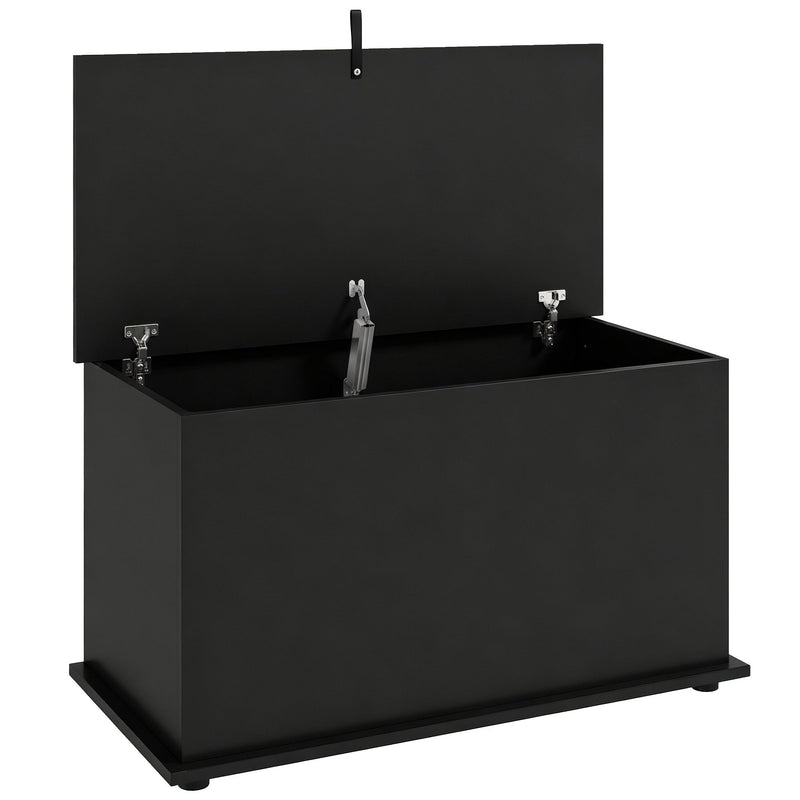 Black storage bench against a plain background with the lid held open by its support hinge