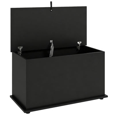 Black storage bench against a plain background with the lid held open by its support hinge