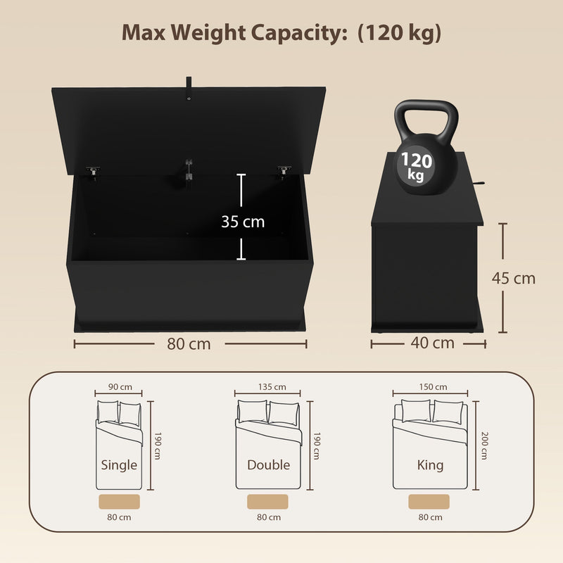 Dimensions diagram of the black storage bench showing 80 cm width, 40 cm depth and 45 cm height