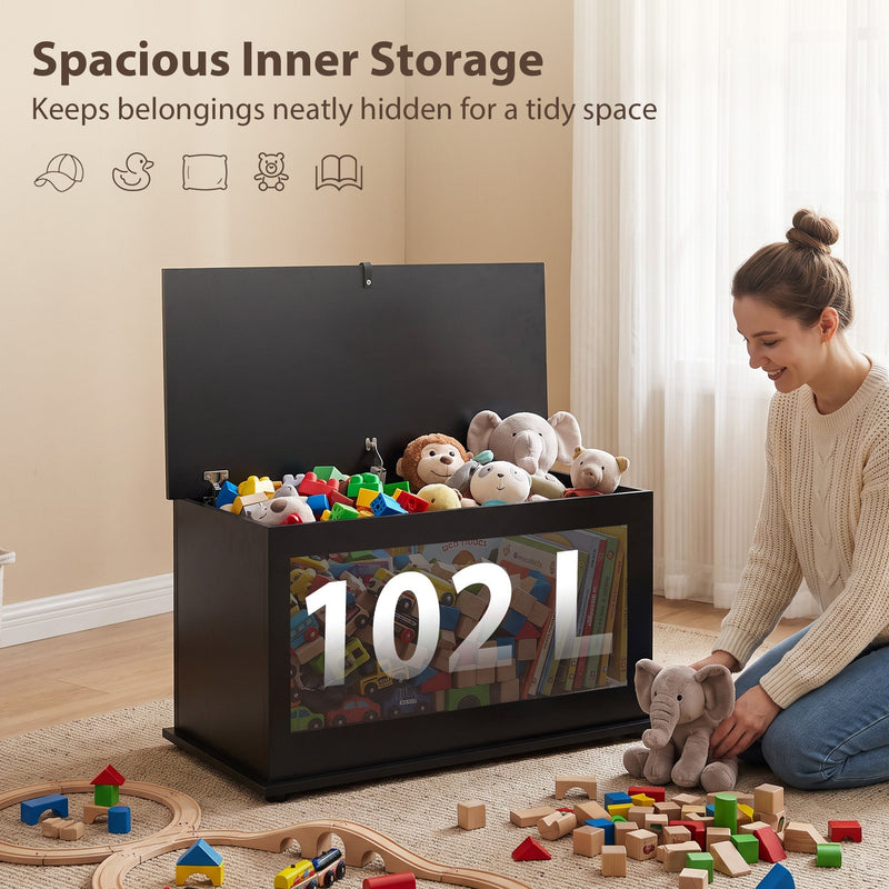 Black storage bench filled with soft toys and building blocks, labelled 102 litre inner storage