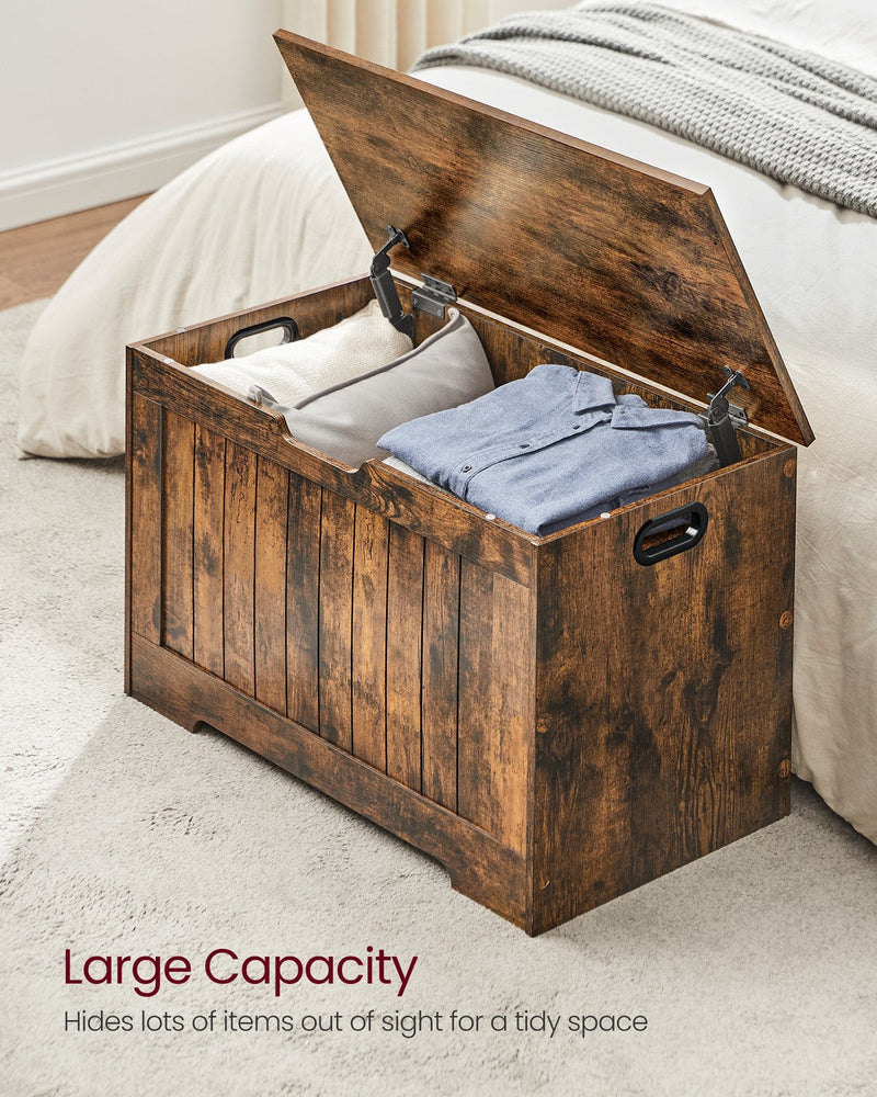 Close-up of safety hinge mechanism on storage bench lid