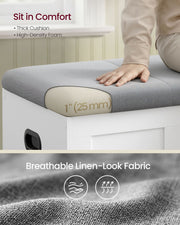 Close-up of the 25 mm foam seat cushion and the grey linen-look fabric on the storage bench lid