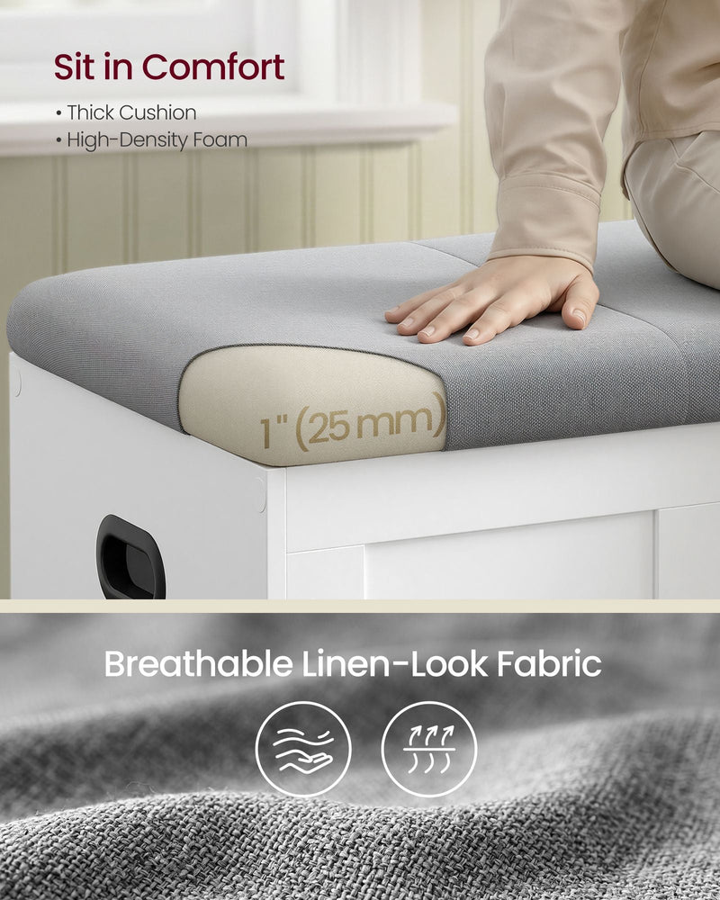 Close-up of the 25 mm foam seat cushion and the grey linen-look fabric on the storage bench lid