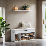 Studio front view of the VASAGLE storage bench with padded cushion