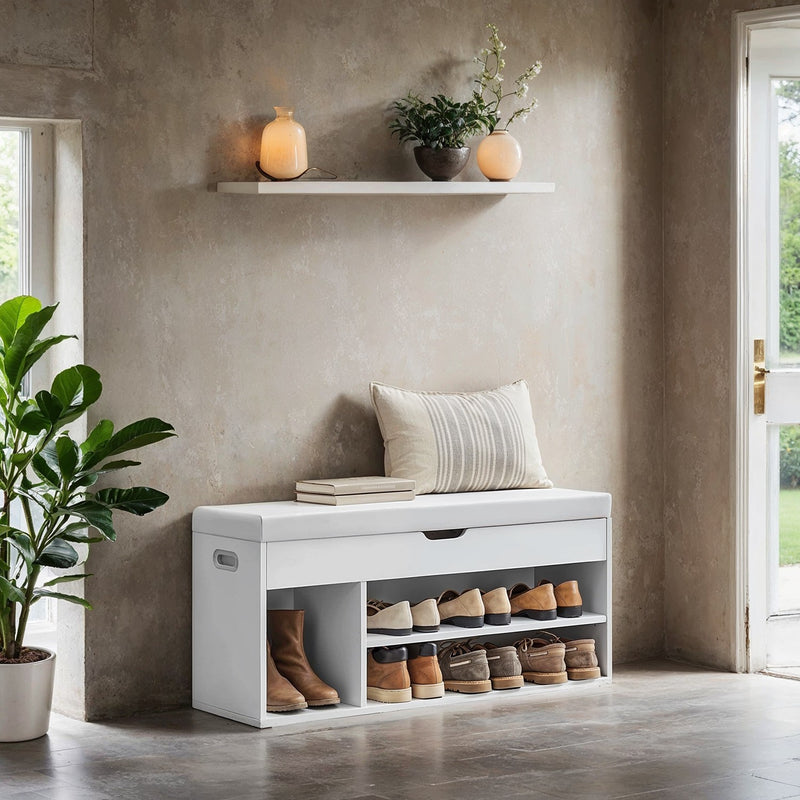 Studio front view of the VASAGLE storage bench with padded cushion
