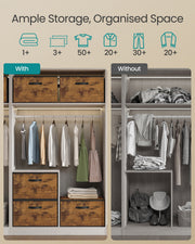 Before and after wardrobe comparison showing extra folded-item capacity with the storage boxes