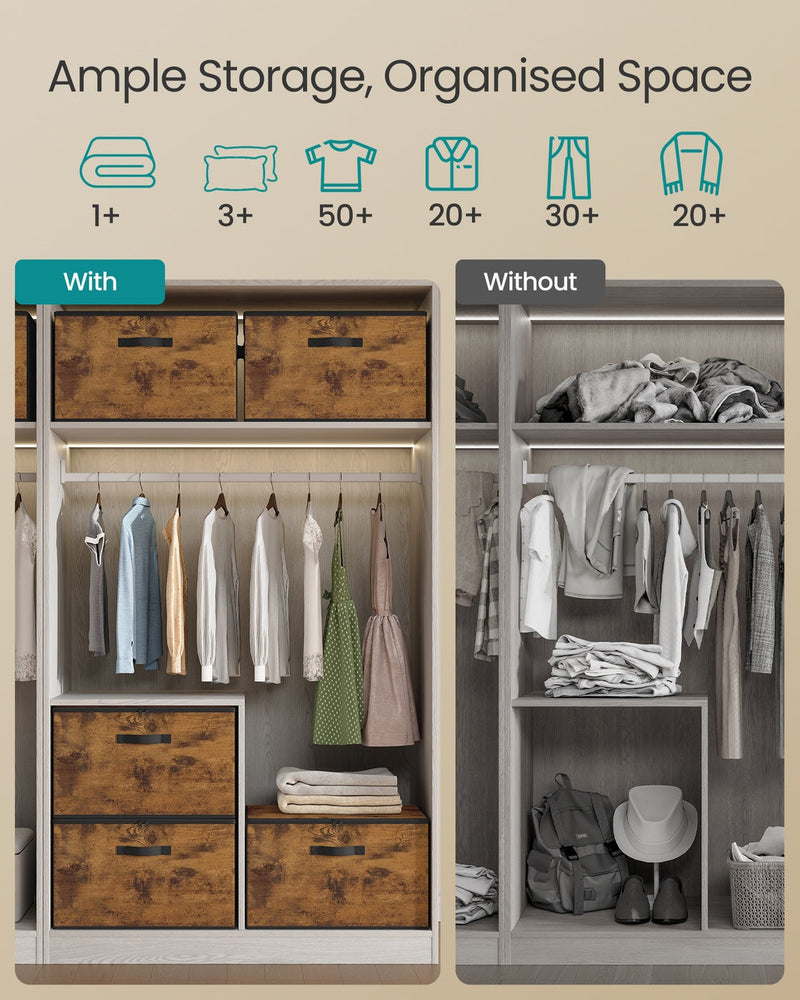 Before and after wardrobe comparison showing extra folded-item capacity with the storage boxes