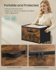 Close-up of the carry handle and dual zip lid on a Songmics rustic brown storage box