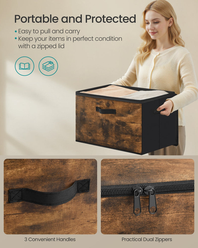 Close-up of the carry handle and dual zip lid on a Songmics rustic brown storage box
