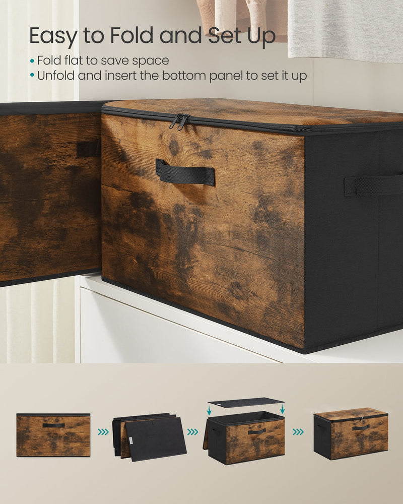 Step-by-step diagram showing how the Songmics storage box folds flat and sets up