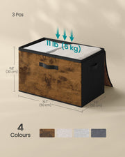 Dimensions diagram of the Songmics storage box: 50 x 30 x 30 cm, 5 kg load capacity, shown in 4 available colours