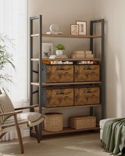 Songmics rustic brown storage boxes displayed on a living room shelving unit