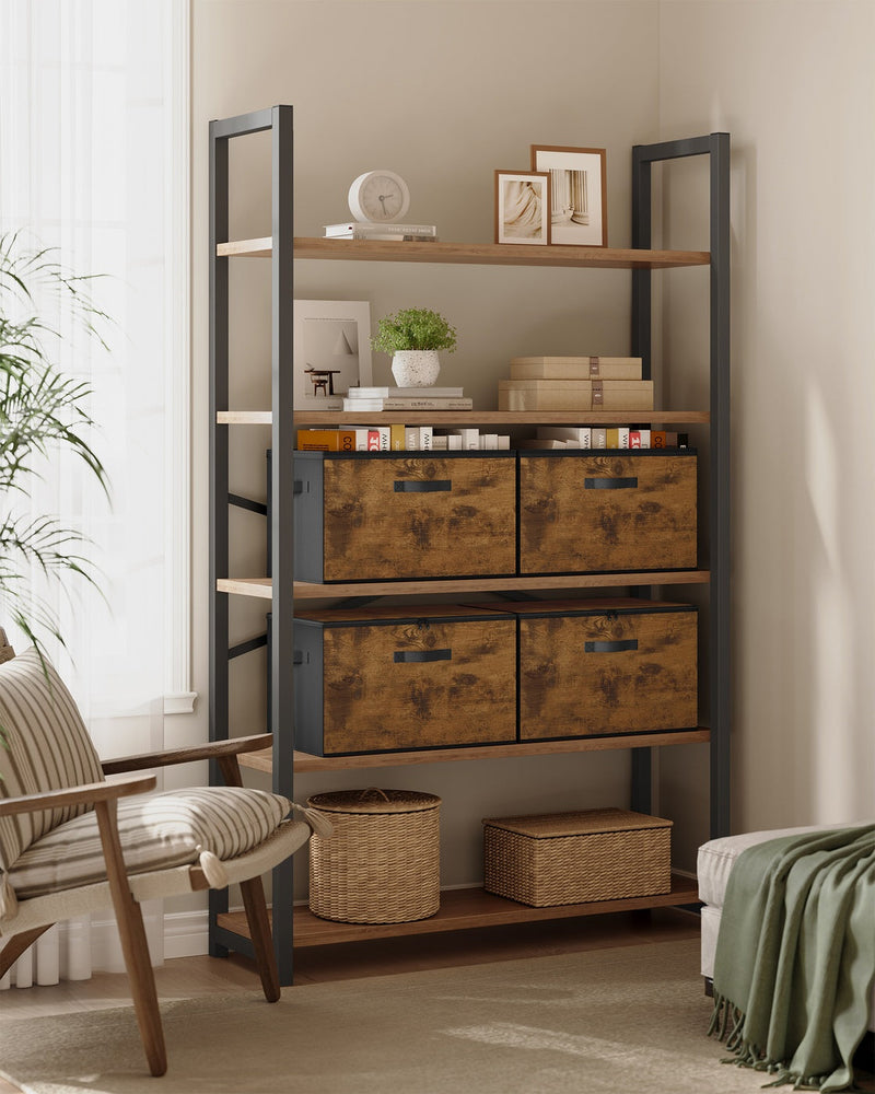 Songmics rustic brown storage boxes displayed on a living room shelving unit