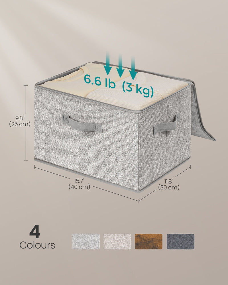 Dove grey storage box dimensions diagram showing 40 x 30 x 25 cm size and 3 kg load capacity across 4 colour options