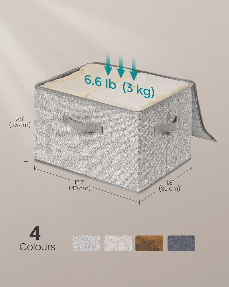 Dove grey storage box dimensions diagram showing 40 x 30 x 25 cm size and 3 kg load capacity across 4 colour options