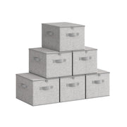 Set of 6 dove grey fabric storage boxes stacked in a pyramid arrangement showing zipped lids and side handles