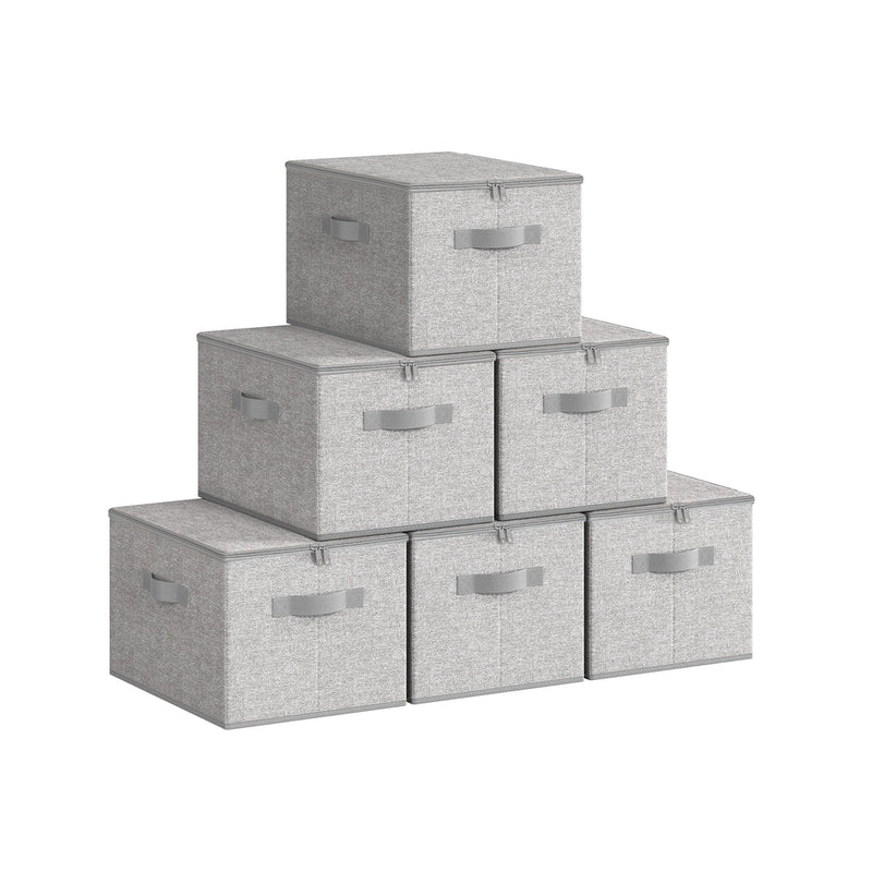 Set of 6 dove grey fabric storage boxes stacked in a pyramid arrangement showing zipped lids and side handles