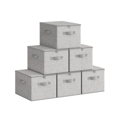 Set of 6 dove grey fabric storage boxes stacked in a pyramid arrangement showing zipped lids and side handles