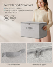 Close-up of a dove grey storage box zip lid and fabric carry handle