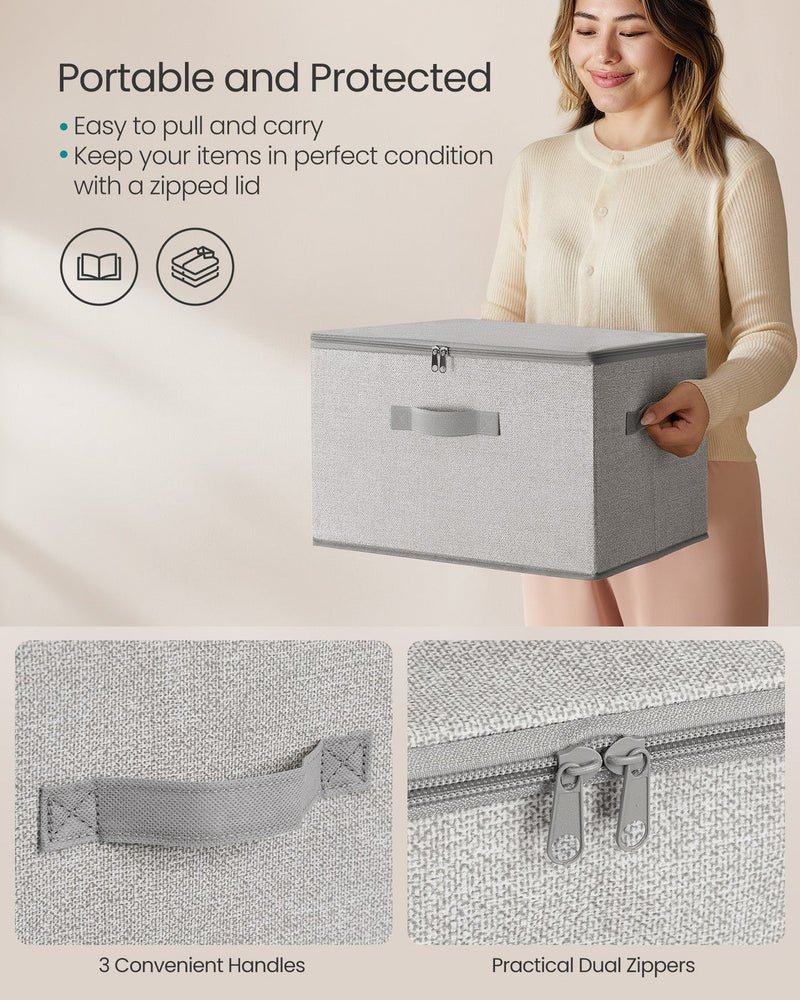 Close-up of a dove grey storage box zip lid and fabric carry handle