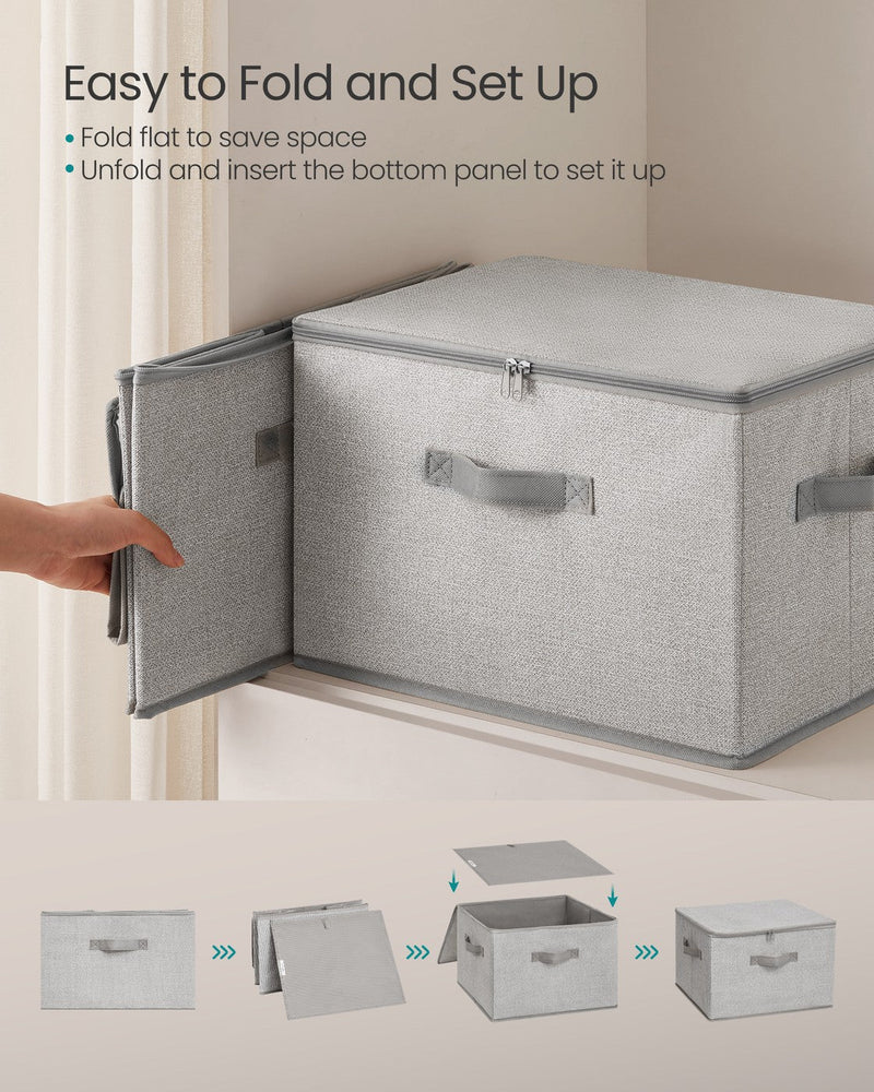 Dove grey storage box shown folding flat and being set up with the zip lid closed