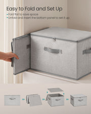 Dove grey storage box shown folding flat and being set up with the zip lid closed
