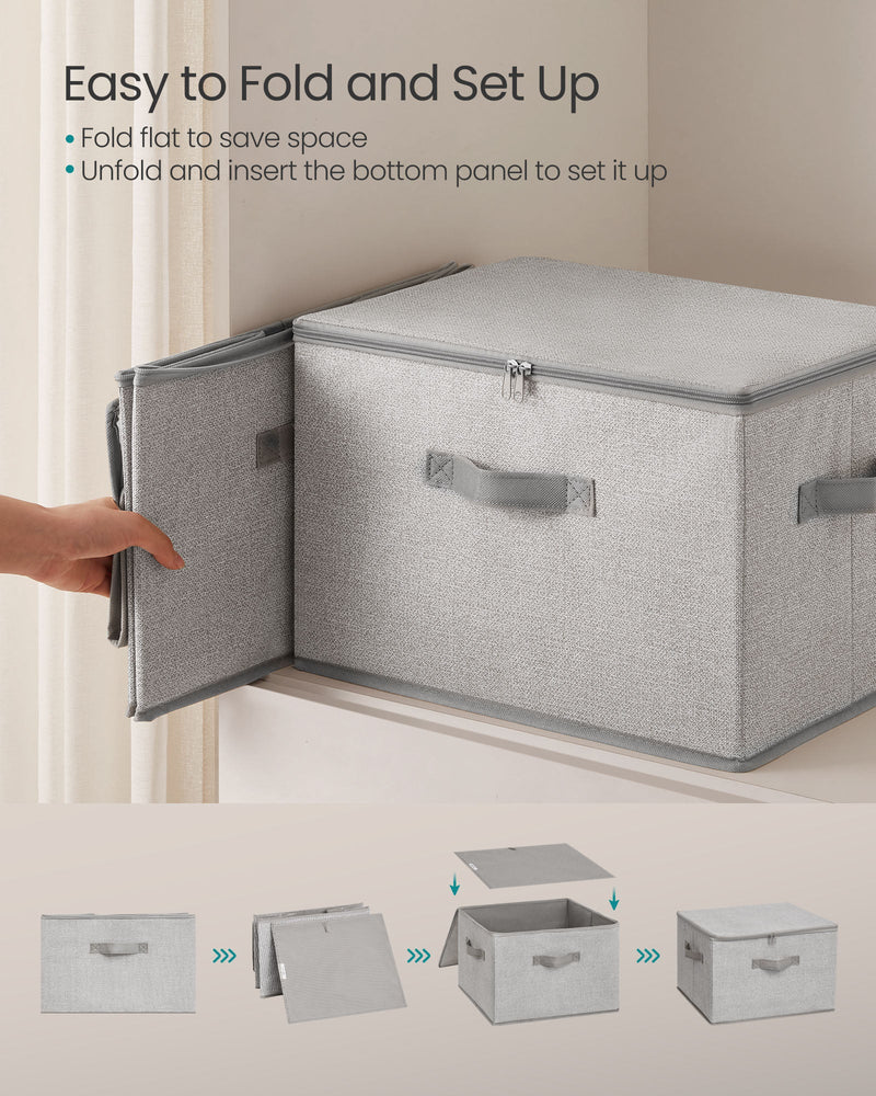 Dove grey storage box shown folding flat and being set up with the zip lid closed