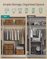 Before and after wardrobe comparison showing extra folded-item capacity with the storage boxes