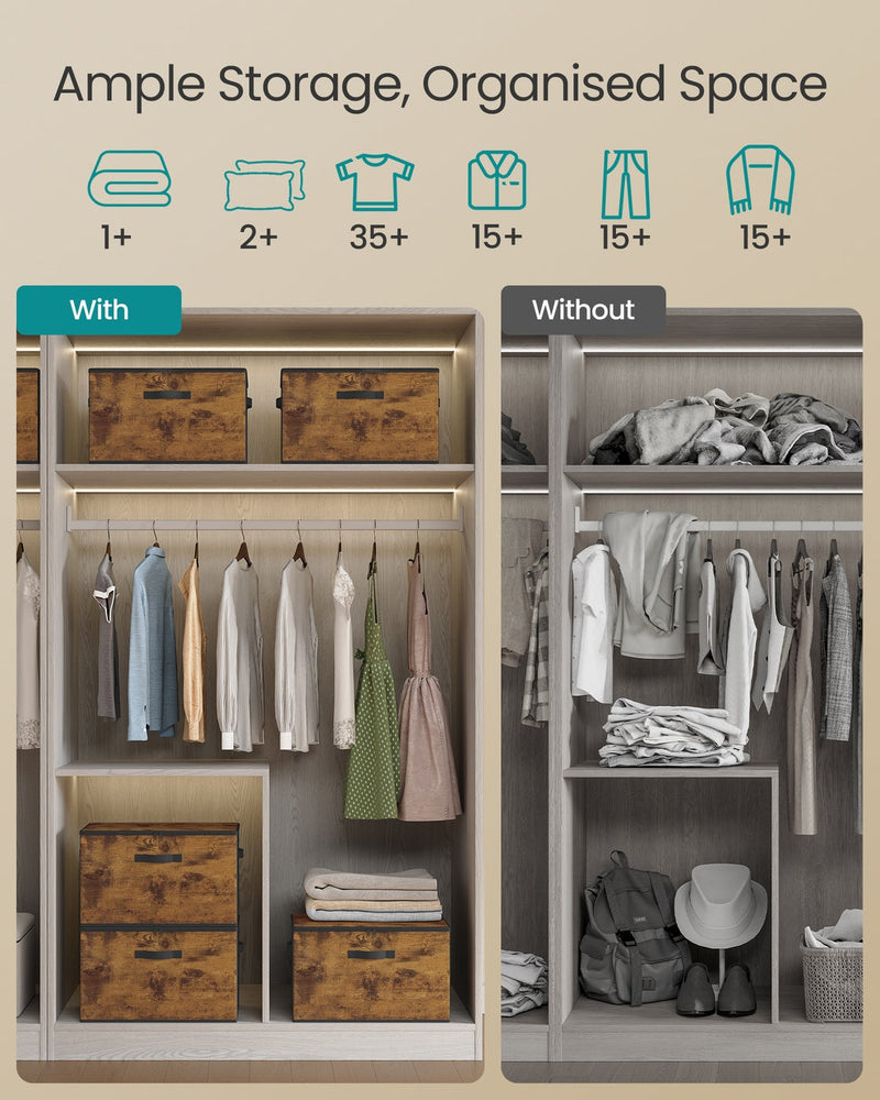 Before and after wardrobe comparison showing extra folded-item capacity with the storage boxes