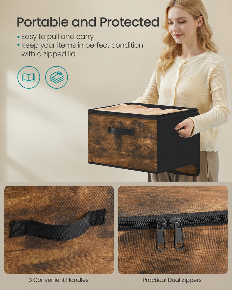 Close-up of the carry handle and dual zip lid on a Songmics rustic brown storage box