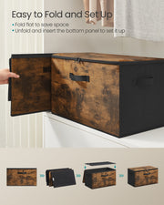 Step-by-step diagram showing how the Songmics storage box folds flat and sets up
