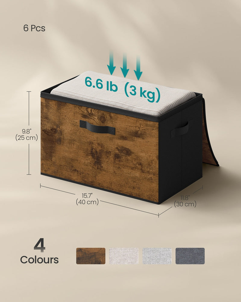 Dimensions diagram of the Songmics storage box: 40 x 30 x 25 cm, 3 kg load capacity, shown in 4 available colours