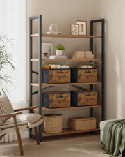 Songmics rustic brown storage boxes displayed on a living room shelving unit