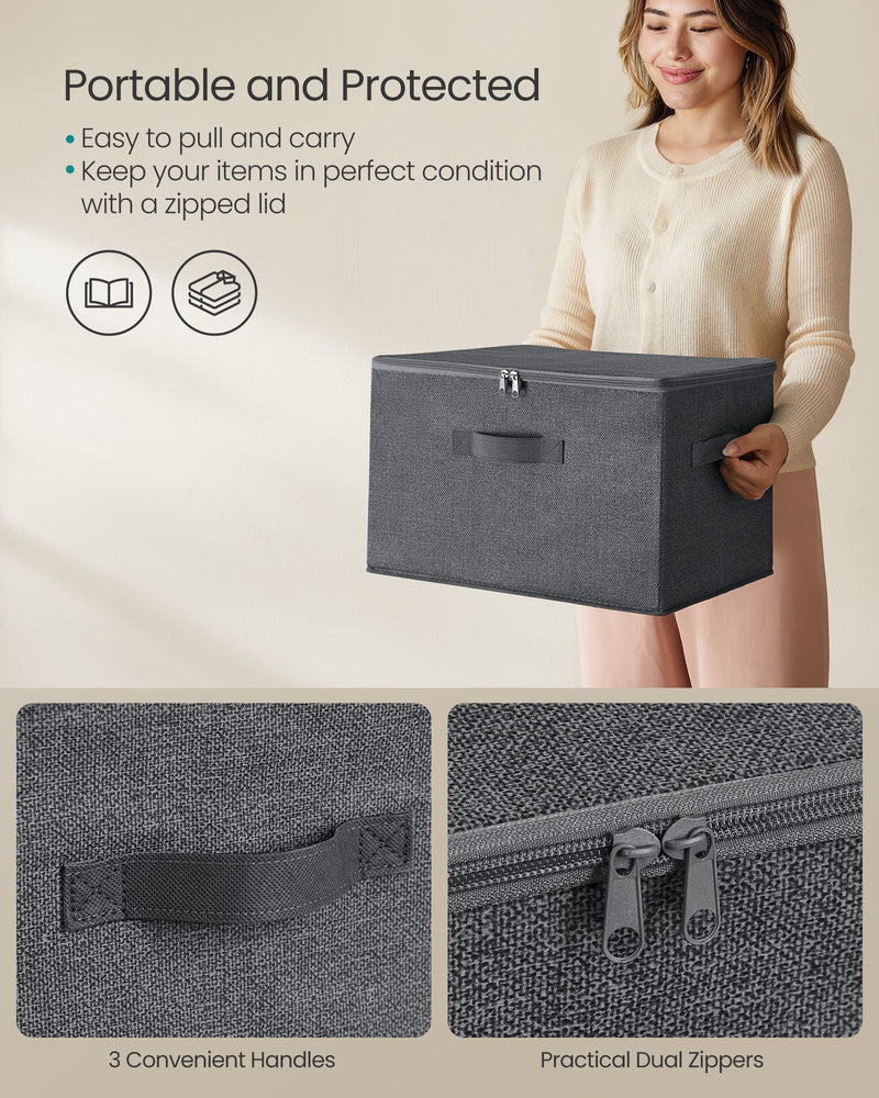 Close-up of a Songmics storage box's carry handle and dual zipper lid