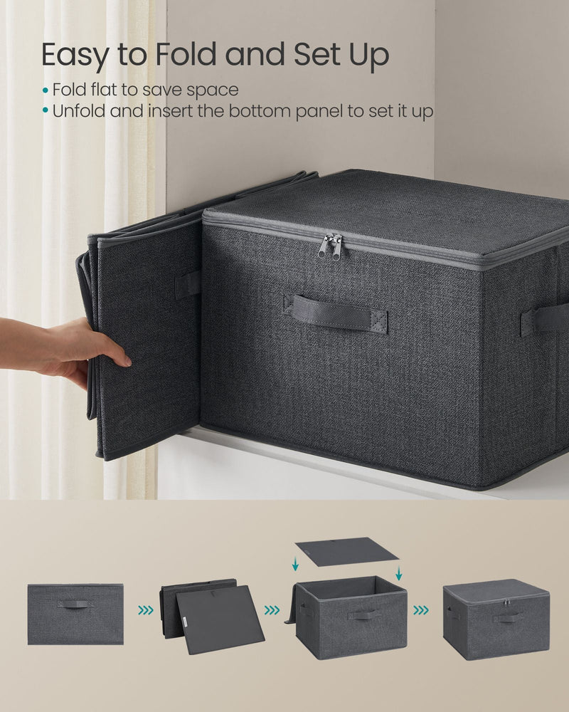Step-by-step diagram showing how the Songmics storage box folds flat and sets up