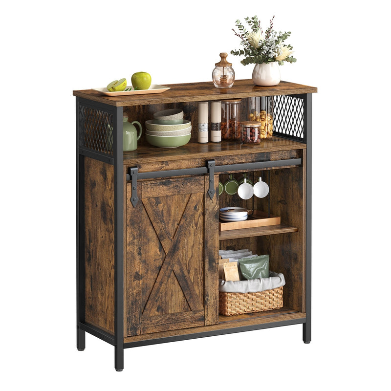Rustic brown and black Vasagle cabinet with sliding barn door and open top shelf