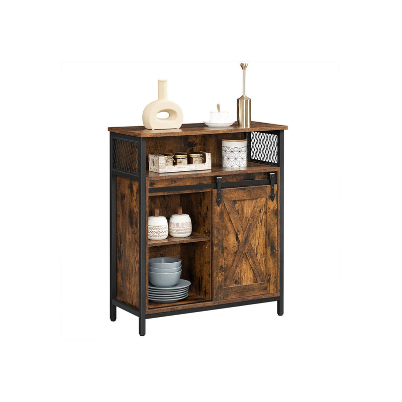 Front studio view of the rustic brown and black cabinet with the barn door closed