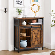 Rustic brown cabinet in a hallway with a vase and bowls on the open shelf