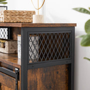 Close-up of the diamond mesh steel side panel beside the wood-effect tabletop