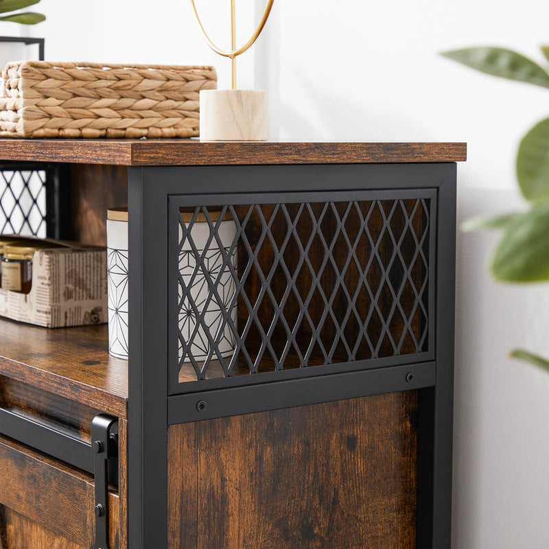 Close-up of the diamond mesh steel side panel beside the wood-effect tabletop