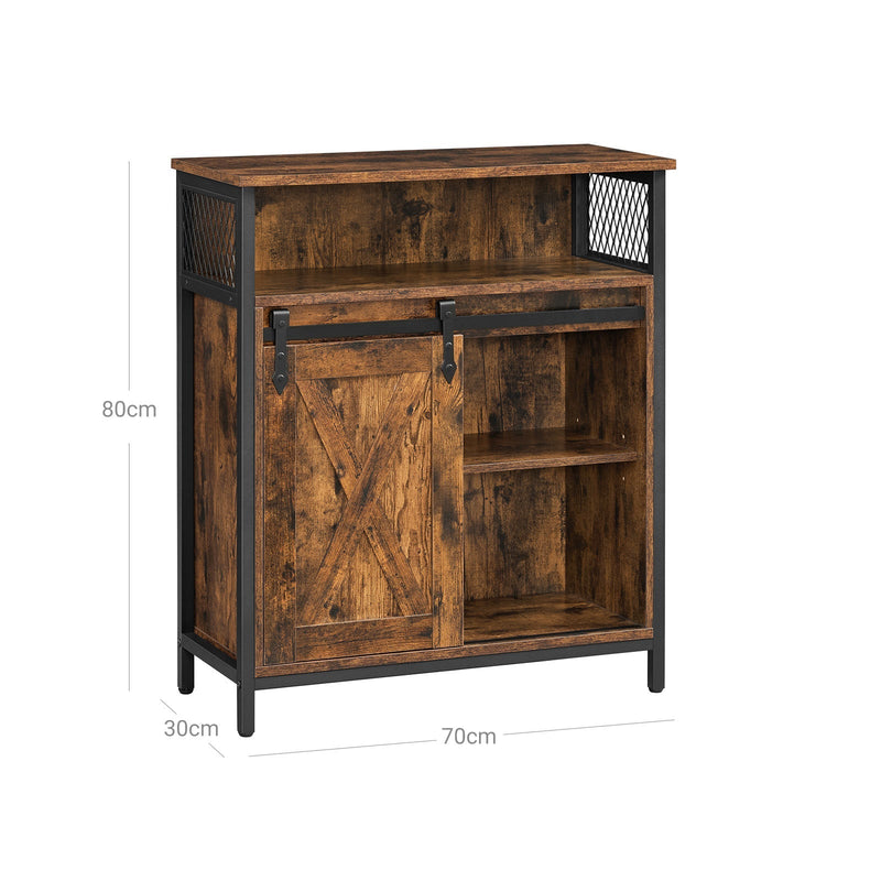 Dimensions diagram showing the rustic brown cabinet at 70 x 30 x 80 cm