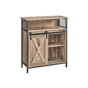 Toasted oak and black Vasagle storage cabinet with sliding barn door and open top shelf