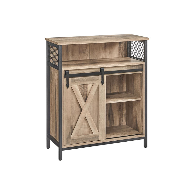 Toasted oak and black Vasagle storage cabinet with sliding barn door and open top shelf