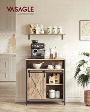 Toasted oak cabinet used as a kitchen coffee station beside a coffee machine