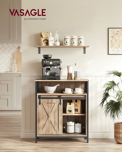 Toasted oak cabinet used as a kitchen coffee station beside a coffee machine